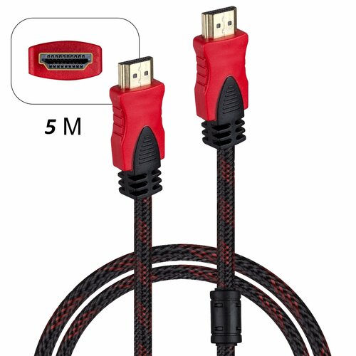 Кабель HDMI Cantell, HDTV 1.4 V с фильтром , черный с красным, для телевизоров, игровых приставок, 5 м