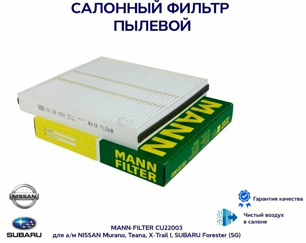 Фильтр салонный пылевой MANN-FILTER CU22003 для а/м NISSAN Murano, Teana, X-Trail I, SUBARU Forester (SG)