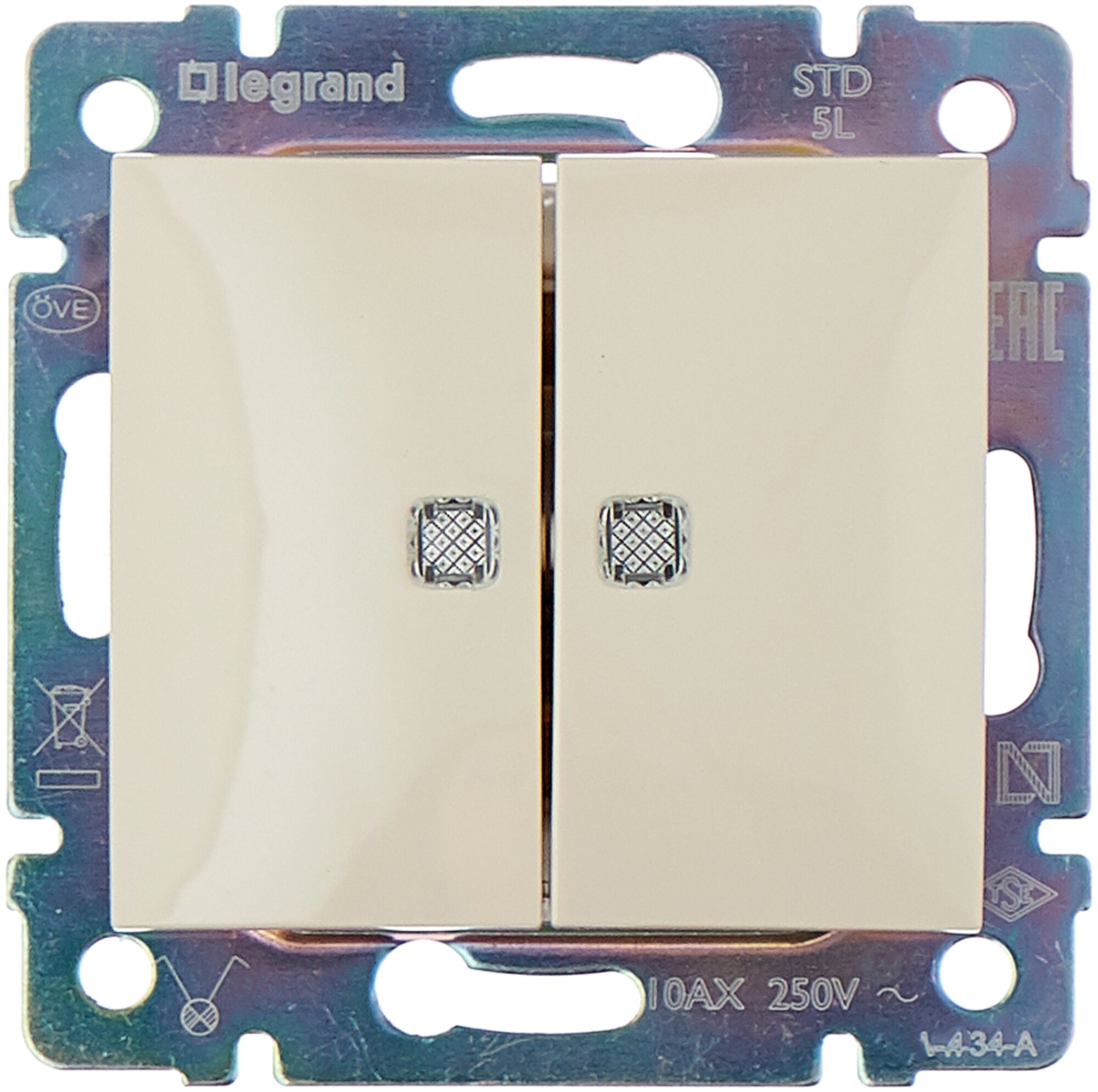 Legrand 774328 Выключатель 2-х клавишный с подсветкой 10А Valena-Слоновая кость