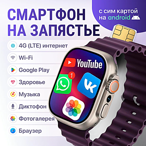Смарт часы HK ULTRA ONE Умные часы PREMIUM Smart Watch AMOLED 4G, Wi-Fi, iOS, Android, Галерея, Игры, Браузер, Камера, Звонки, Фиолетовый фиолетовый