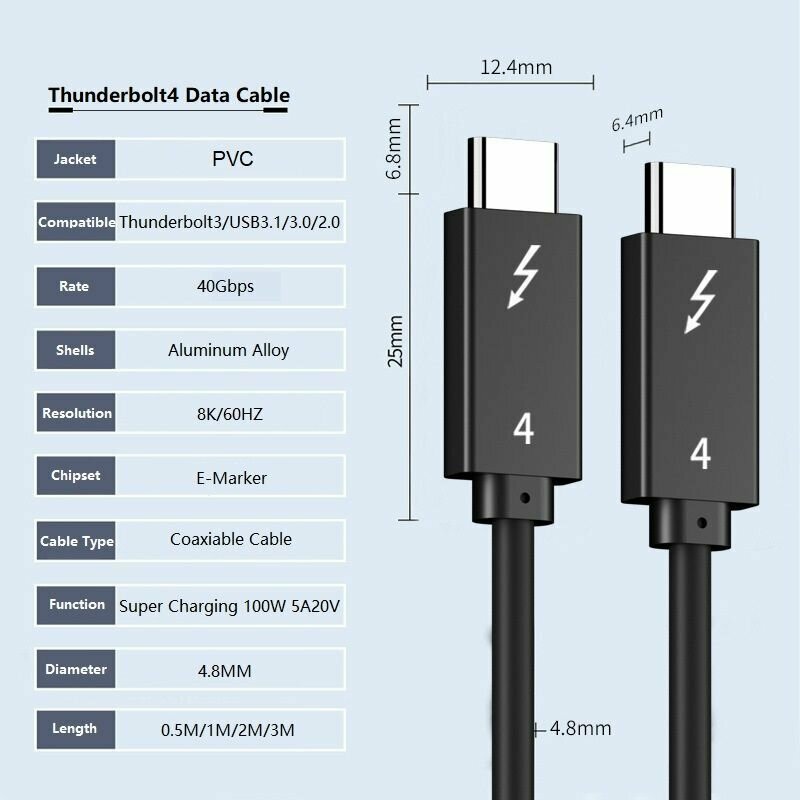 Кабель Thunderbolt 4 (USB4, Type-C) 8K@60Hz, 40Gbps, PD 100W, 2 метра — фото 1