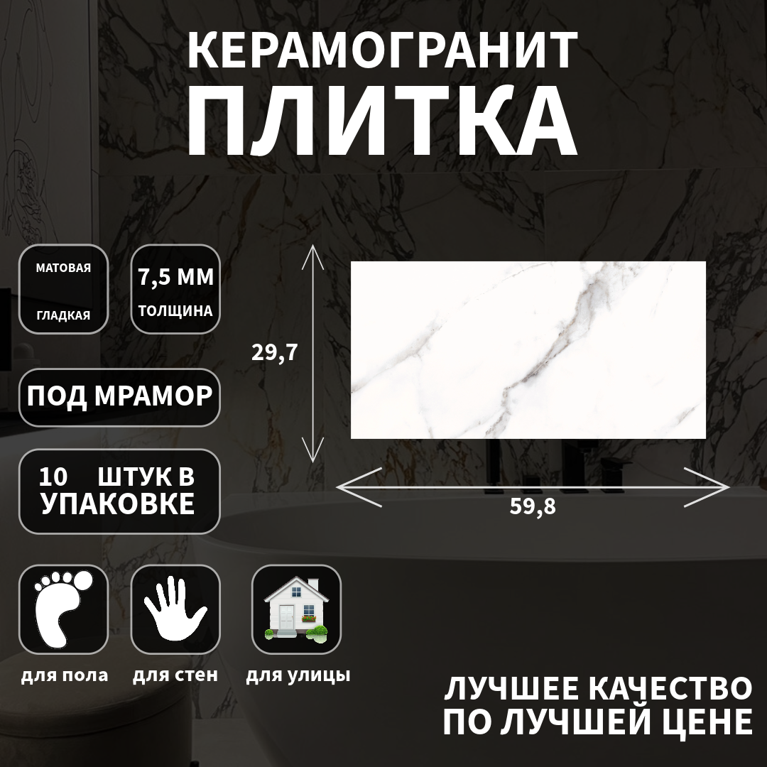 Керамогранитная плитка Cersanit, коллекция: Lorenzo белый, эффект: мрамор, поверхность: матовый, 29,7х59,8х0.75