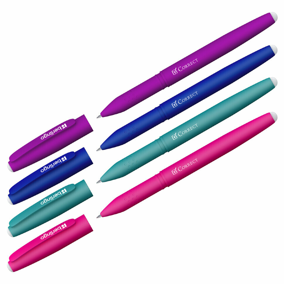 Ручка гелевая стираемая Berlingo "Correct" синяя, 0,6мм, прорезин. корпус, корпус ассорти, 320398rf