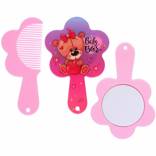 Расческа с зеркалом в наборе детские «мимишки», мишка, цвет розово-фиолетовый, 11см