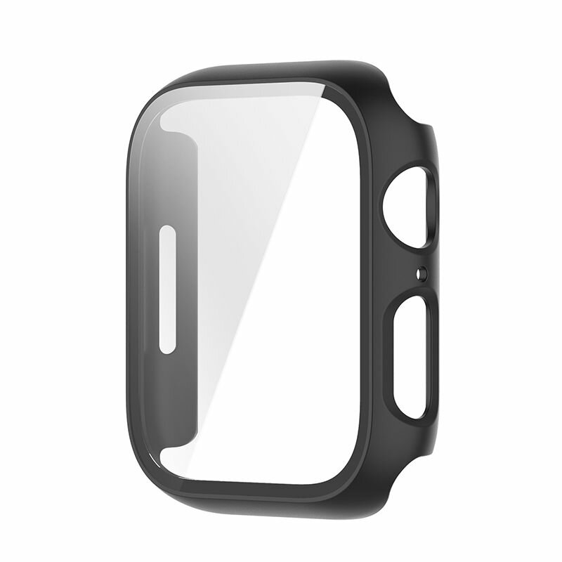 Защитный жесткий чехол с закаленным стеклом для Apple Watch Series 9 / 8 / 7 41мм - черный — фото 1