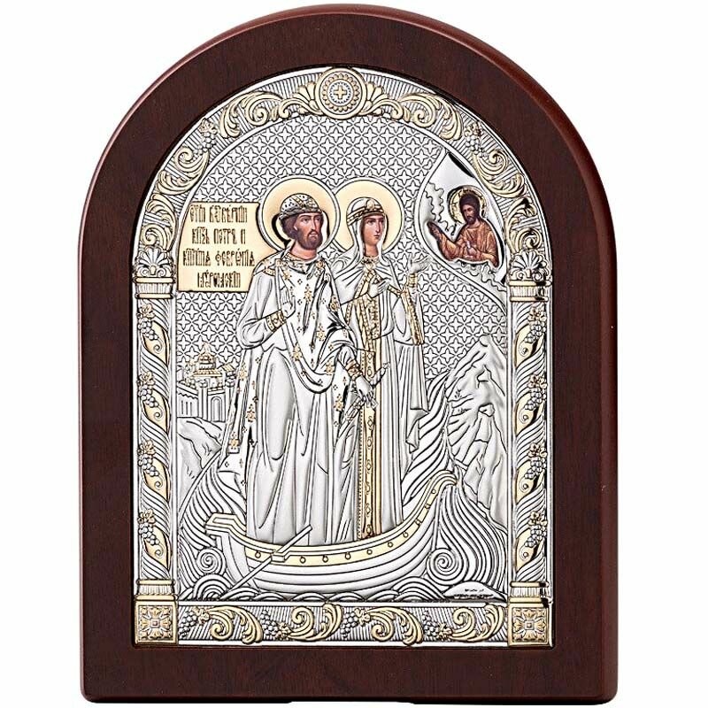 Петр и Феврония Муромские. Икона в серебре. (12 х 16 см / С позолотой на серебряном окладе)