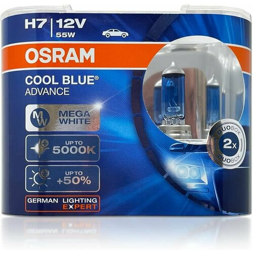 фото H7 лампа автомобильная галогеновая 2 шт. osram cool blue advance 5000k 12v 55w 62210cba-hcb