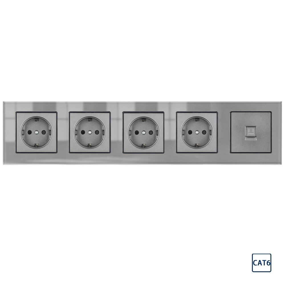 Розетка пятипостовая с интернетом RJ-45 CAT6, 5 постов, рамка стекло, 366х82х8 мм, цвет серый