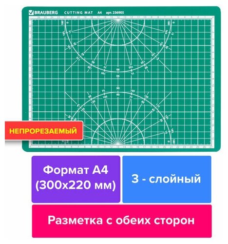 Коврик (мат) для резки BRAUBERG 3-слойный А4 (300х220 мм) двусторонний толщина 3 мм зеленый, 2 шт