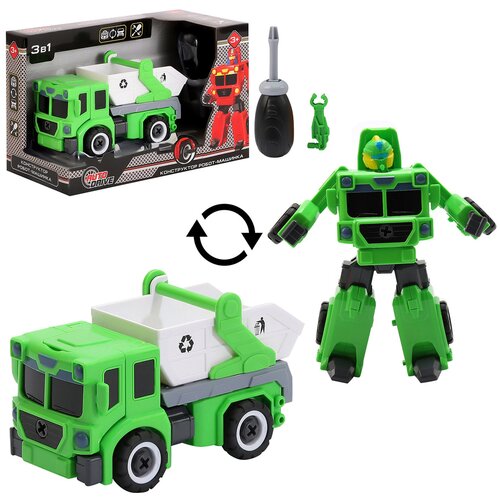 Машинка-робот ТМ AUTODRIVE, конструктор с отверткой, спецтехника, прорезиненные колеса, зеленый, JB0404553