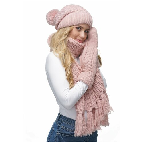 фото Женская вязаная шапка с флисом lambonika снежка, цвет: пудровый;лавандово-розовый, размер: 50-58