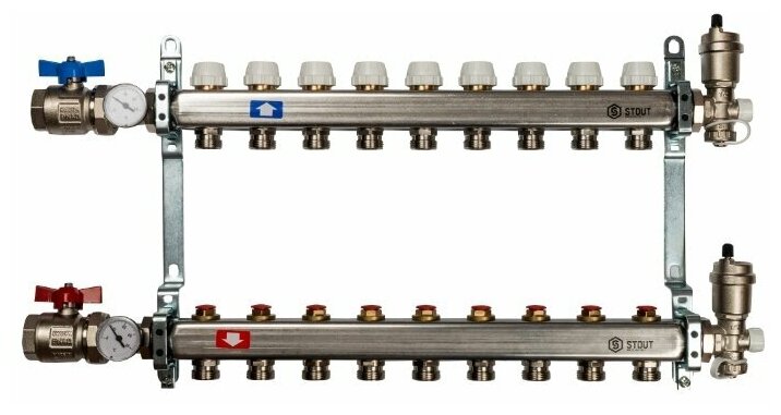 Коллектор из нержавеющей стали STOUT в сборе без расходомеров 1"-3/4" 9 вых. SMS 0912 000009