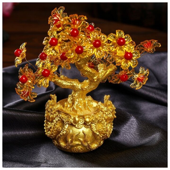 Сувенир бонсай "Цветочное денежное дерево в мешке с драконами" 35 цветов 18х18х7.5 см