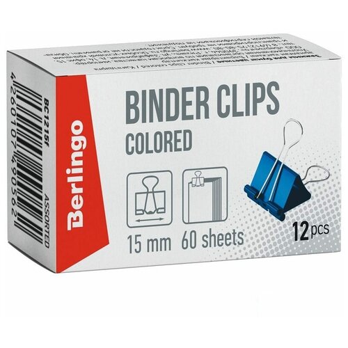 фото Зажимы для бумаг металлические berlingo (15мм, до 60 листов, цветные) в картонной коробке, 12шт. (bc1215f)