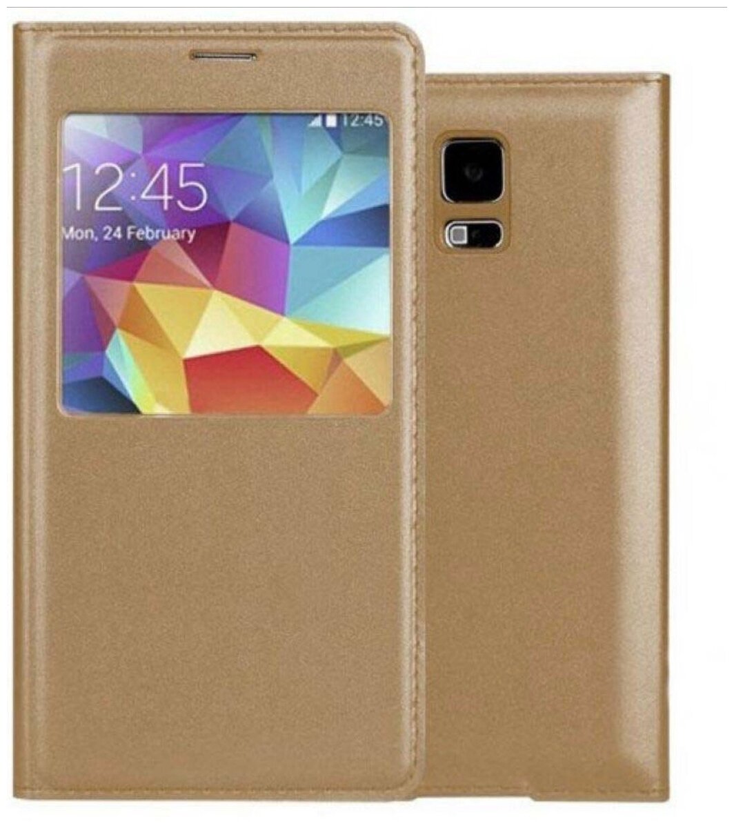Чехол-книжка MyPads для Samsung Galaxy S5 / S5 Neo золотой с окошком для входящих вызовов кожаный