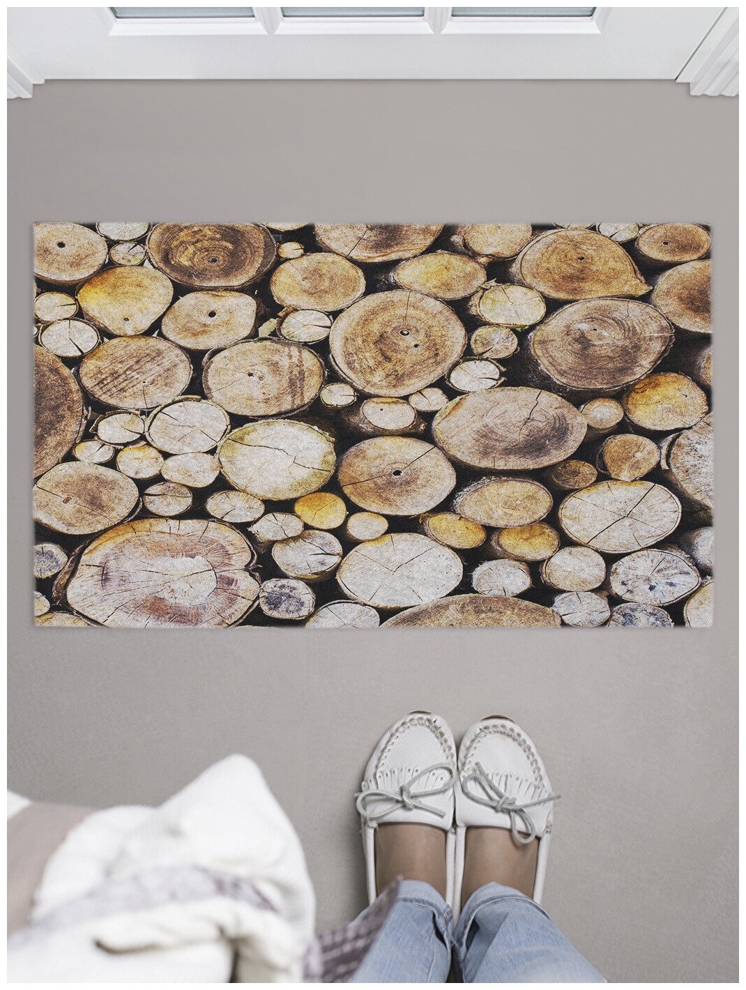 Придверный коврик в прихожую JoyArty "Срубы деревьев" для обуви, на резиновой основе, 75x45 см