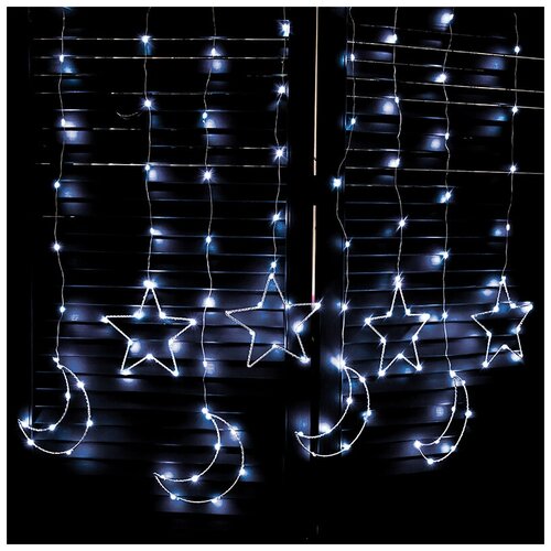 фото Новогодняя светодиодная интерьерная гирлянда штора нить роса 3х1 м фигуры с контроллером 220в, месяц и звезда белый baziator