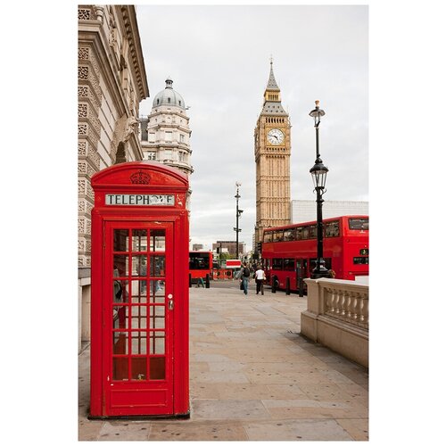 Фотообои Уютная стена Красная телефонная будка на фоне Биг-Бена. Лондон. Англия 180х270 см Бесшовные Премиум (единым полотном)