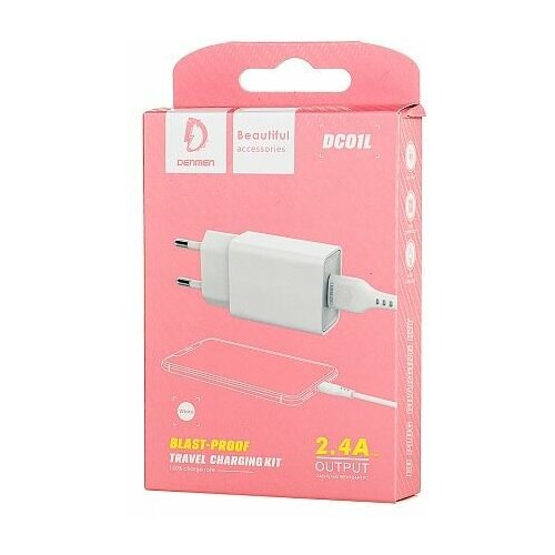 Зарядное устройство DENMEN DC01L 2.4A1USB + кабель Lightning White