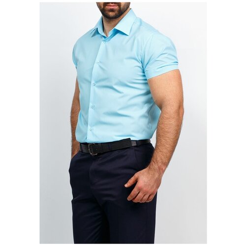 Рубашка мужская короткий рукав GREG 210/309/BL SKY/ZV, Приталенный силуэт / Slim fit, цвет Бирюзовый, рост 174-184, размер ворота 38