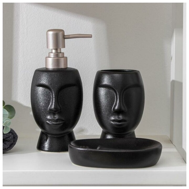 фото Набор для ванной "Вуду" 3 предмета (мыльница. дозатор для мыла, стакан), цвет черный 5459649
