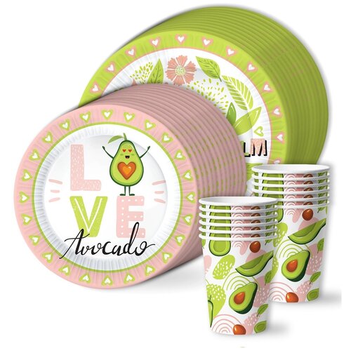 Набор бумажной одноразовой посуды для праздника Авокадо №1 ( тарелка бол., тарелка мал., стакан по 12 шт.) ND Play
