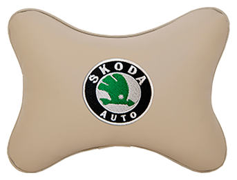 Автомобильная подушка на подголовник экокожа Beige с логотипом автомобиля SKODA