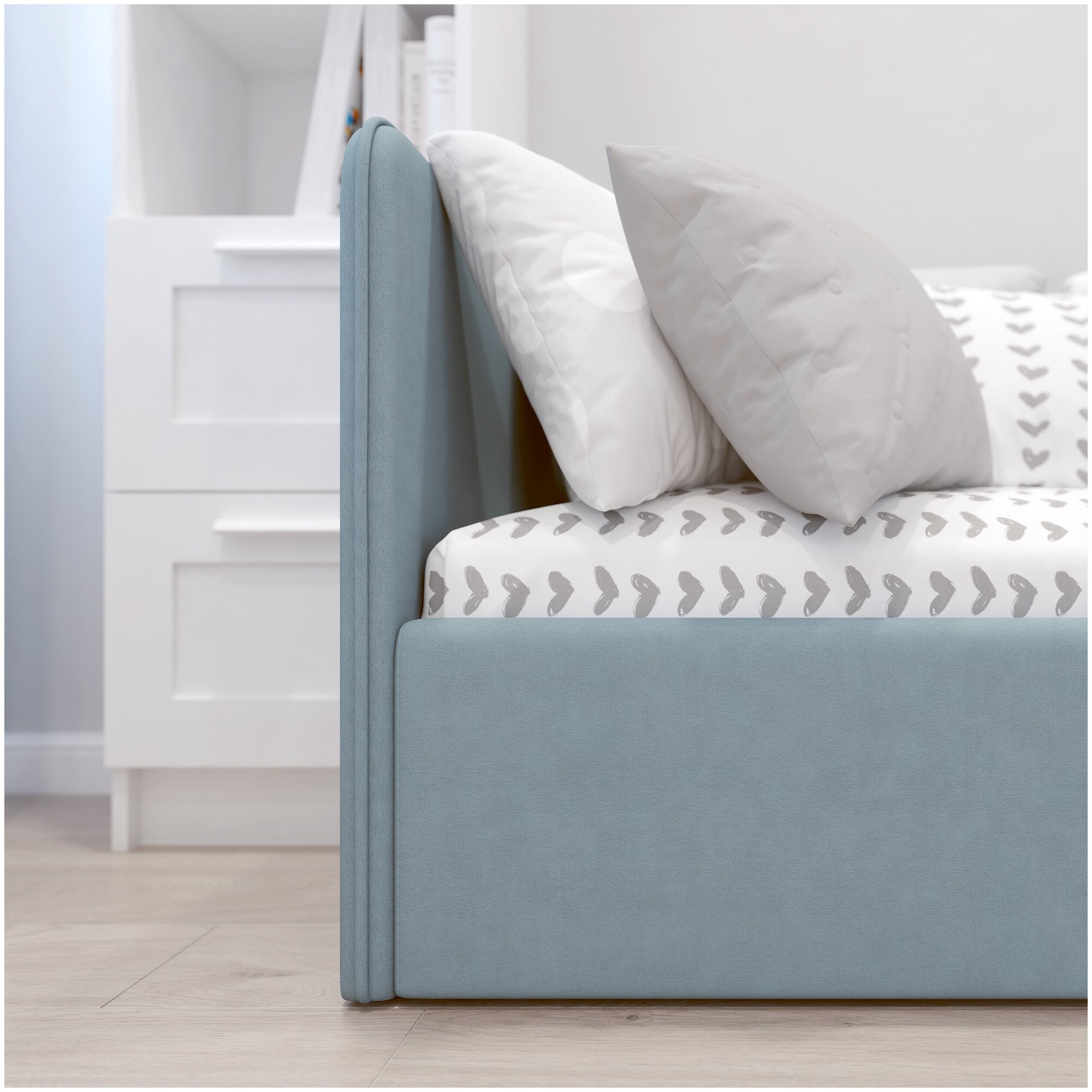 Кровать - диван Romack Leonardo 70х160 голубой с ящиком для белья боковой спинкой мягким изголовьем односпальная - фотография № 2