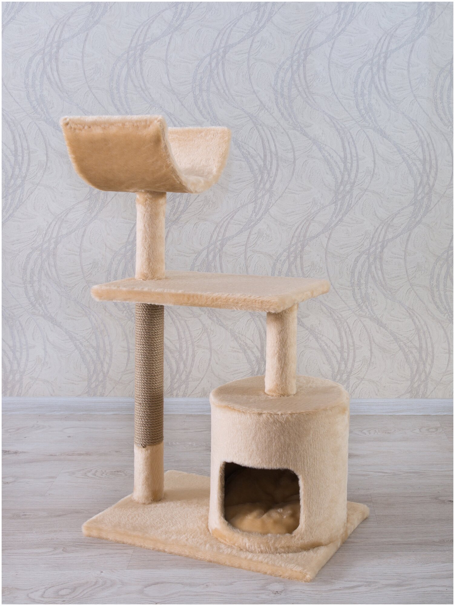 Когтеточка (игровой комплекс) YUGA для кошек с домиком, с лежанкой, с подушкой, 55х35х95см, бежевый - фотография № 6