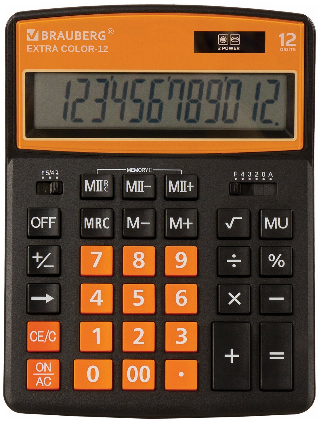 Калькулятор настольный BRAUBERG EXTRA COLOR-12-BKRG (206x155 мм), 12 разрядов, двойное питание, черно-оранжевый, 250478