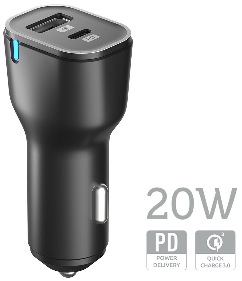 Автомобильное зарядное устройство Olmio 20W, QuickCharge, Type-C+USB 043801