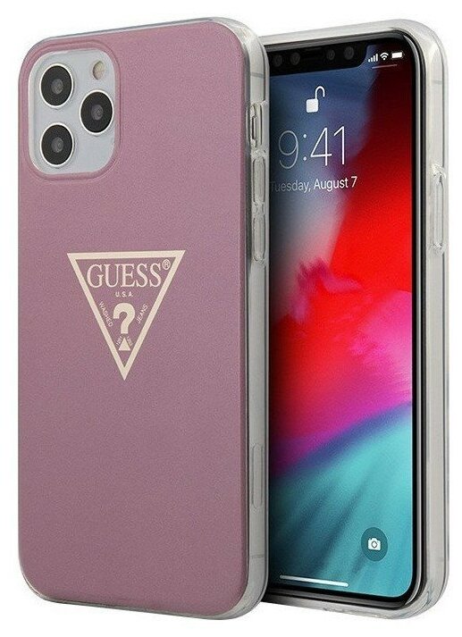 Чехол CG Mobile Guess PC/TPU Metallc effect Triangle logo Hard для iPhone 12/12 Pro, цвет Розовый (GUHCP12MPCUMPTPI)