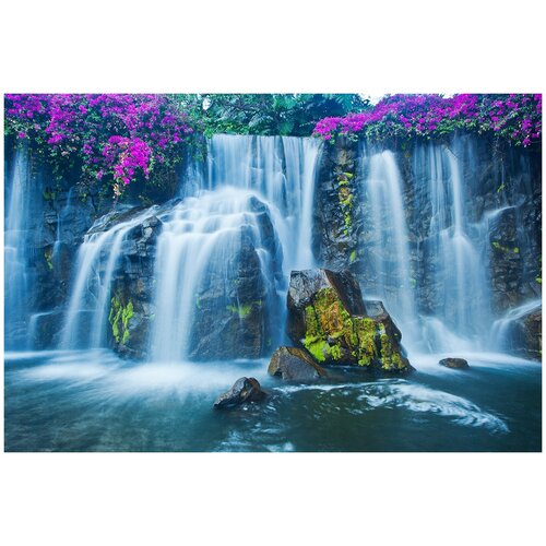 Фотообои Уютная стена Фиолетовые цветы над водопадом 410х270 см Бесшовные Премиум (единым полотном)
