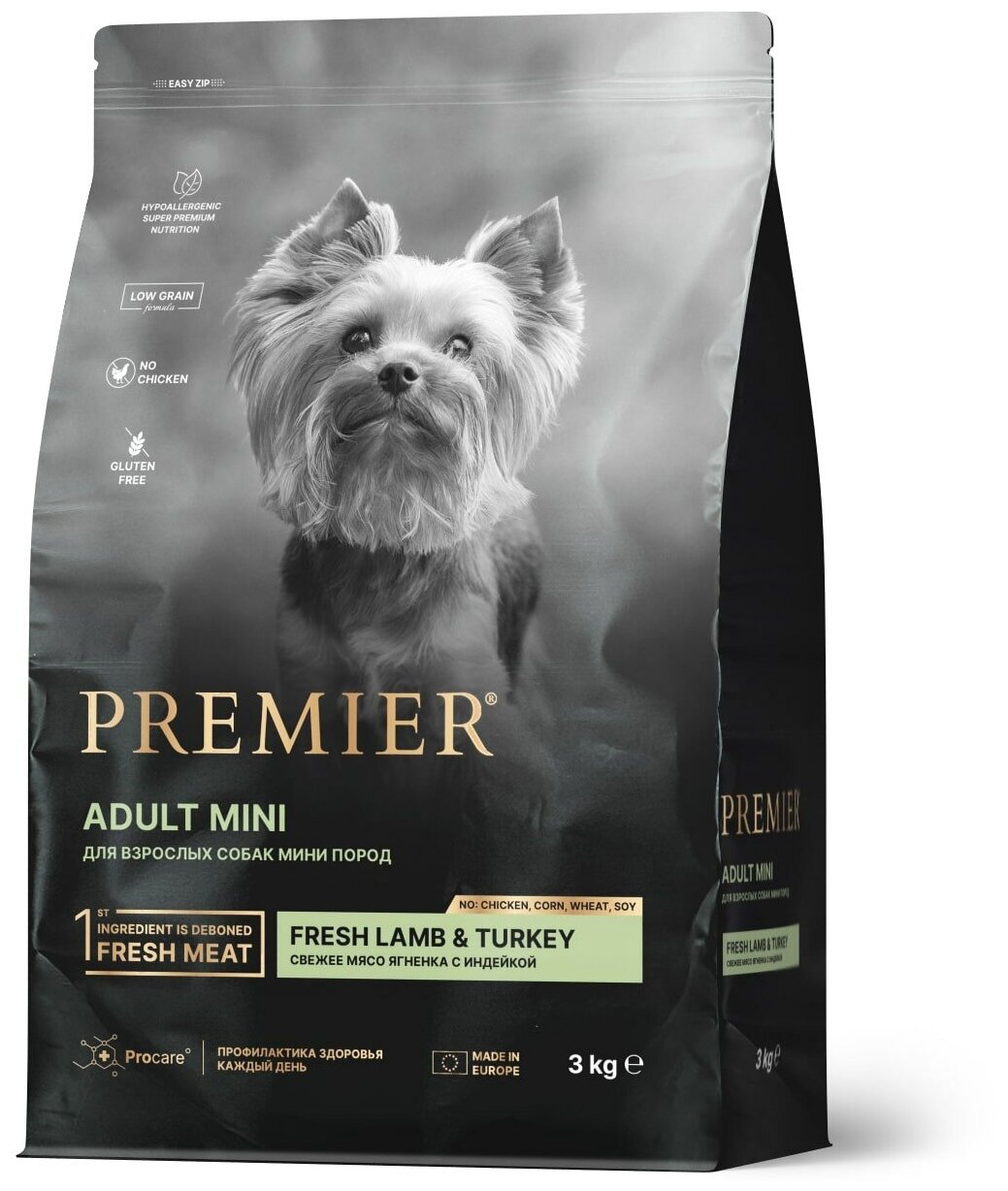 Premier Dog Adult Mini сухой корм для взрослых собак мини пород Ягненок и индейка, 3 кг.