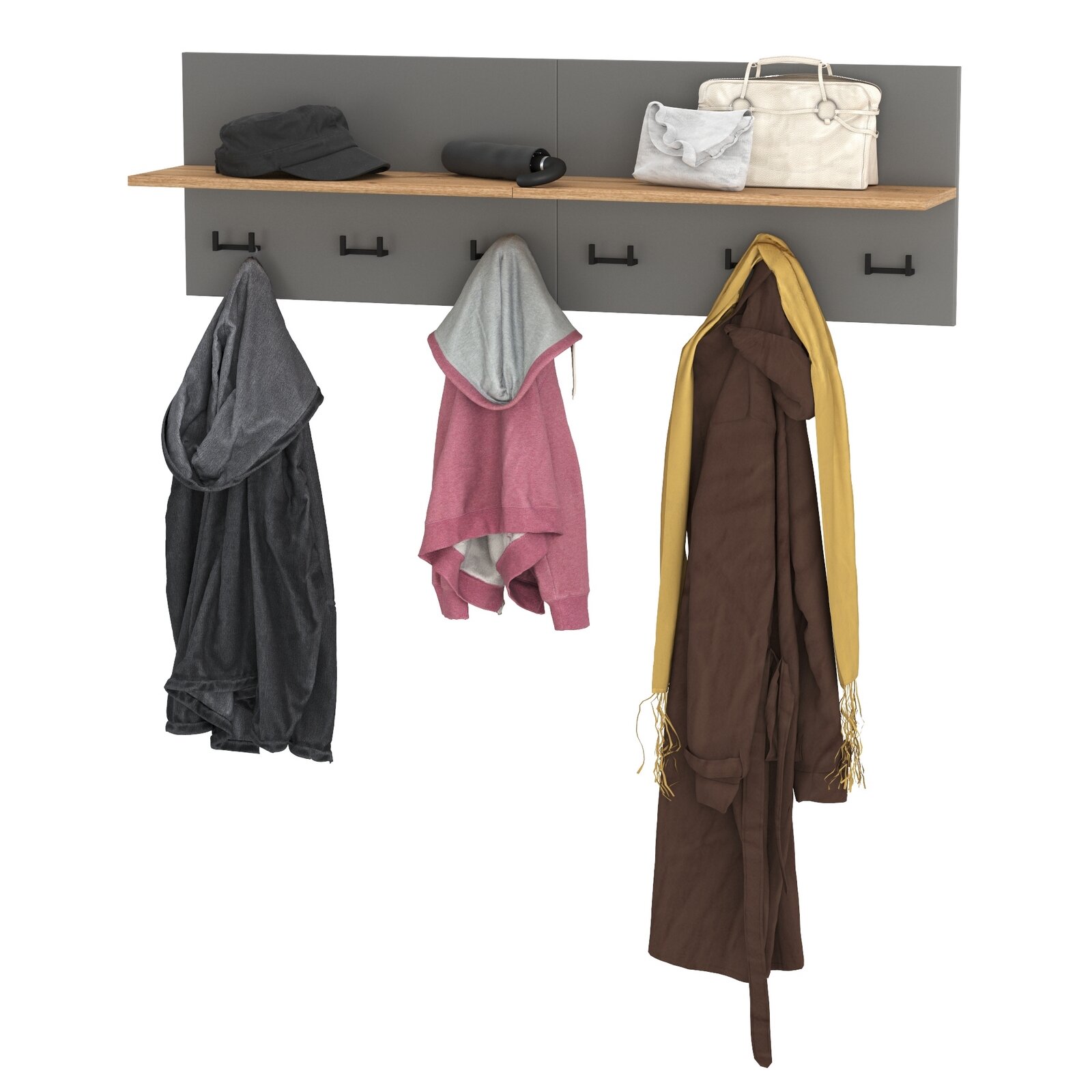 фото Вешалка с полкой на шесть крючков Моби Октава цвет белый шагрень/дуб крафт золотой