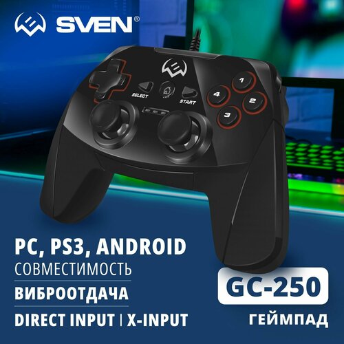 геймпад sven gc 250 11 кнопок чёрный виброотдача поддержка windows android ps3 Геймпад SVEN GC-250, черный, 1 шт.