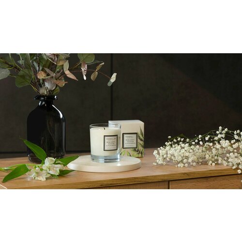 Свеча в стекле цилиндр. в коробке 90х80 mm. (Бергамот, ветивер и пачули)