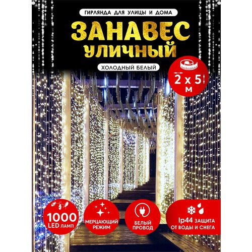Гирлянда Абелия штора электрогирлянда занавес светодиодный уличный мерцающий IP44 1000LED 2x5 м провод белый