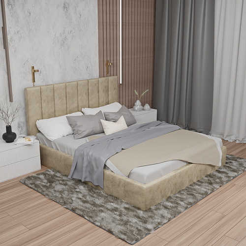 Двуспальная кровать с подъемным механизмом 160х200 с мягким изголовьем велюр бежевая