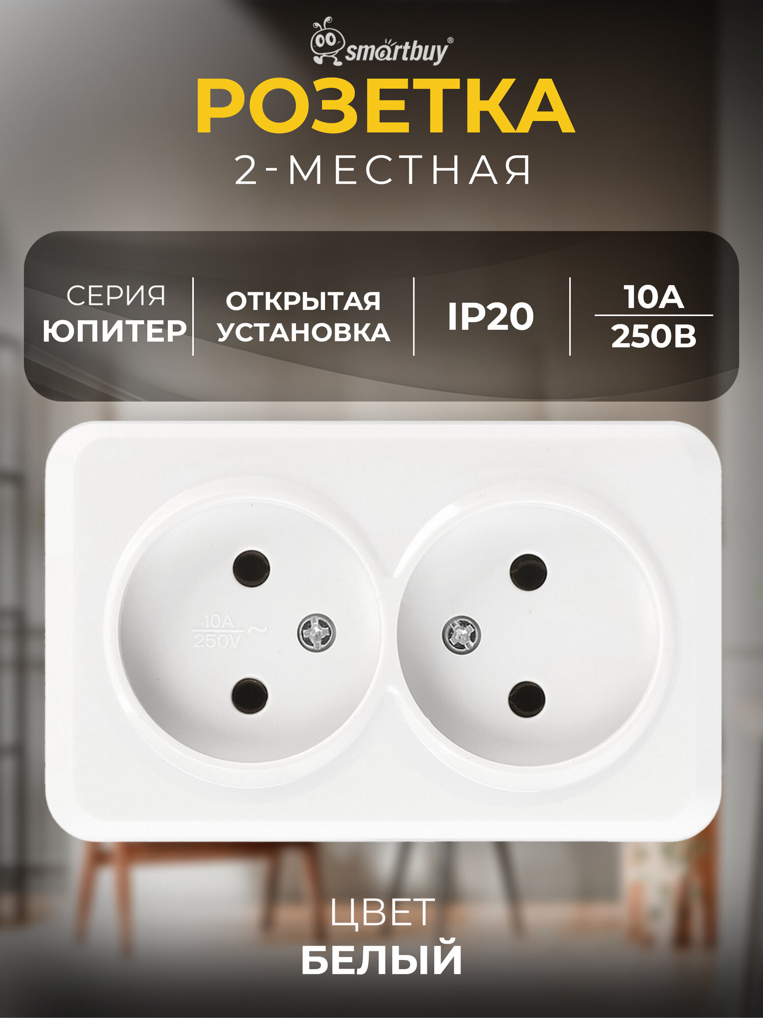 Розетка 2-местная 10А без заземления белая керамика 