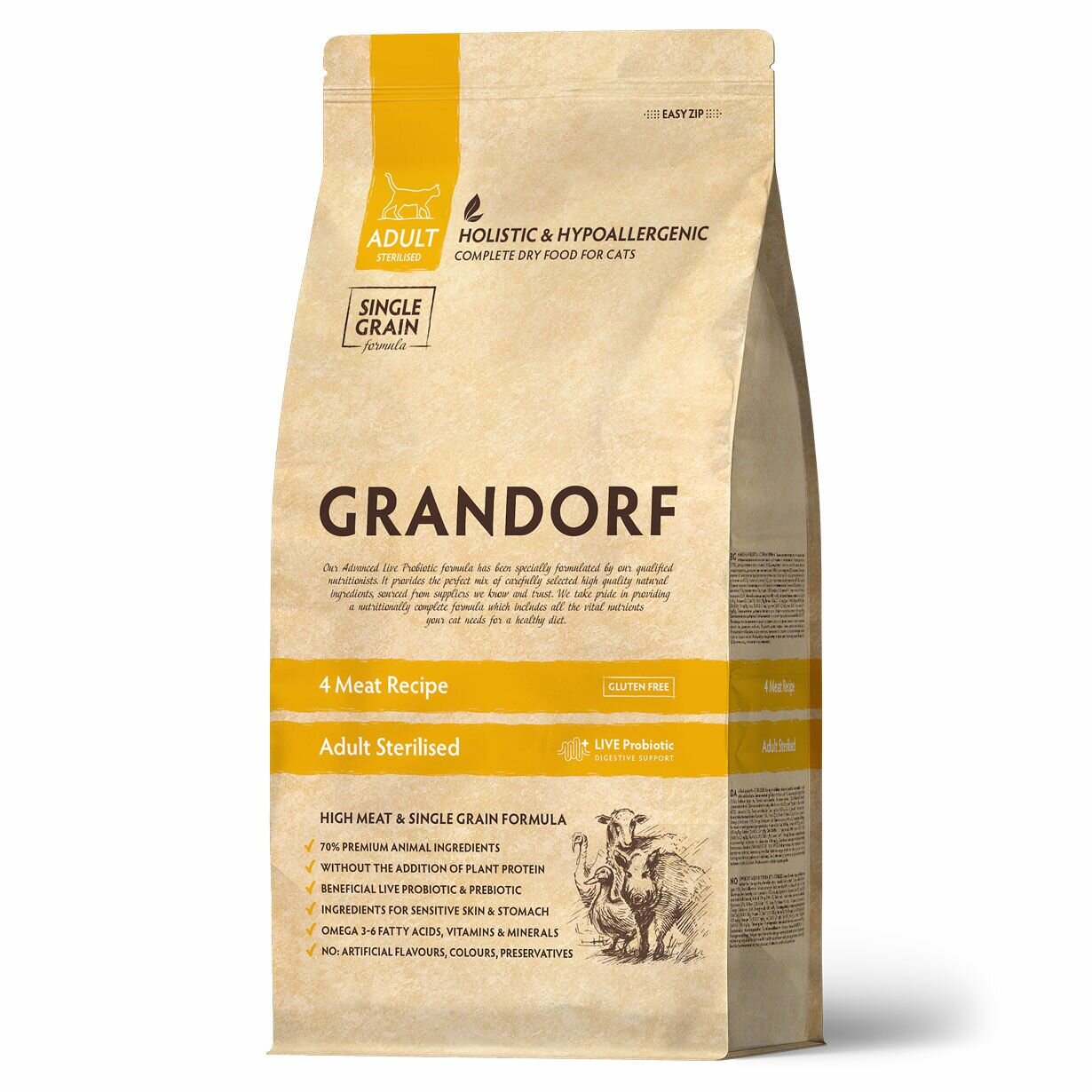 Grandorf Holistic Adult Sterilised Сухой корм для стерилизованных кошек, четыре вида мяса, 8 кг - фото №2