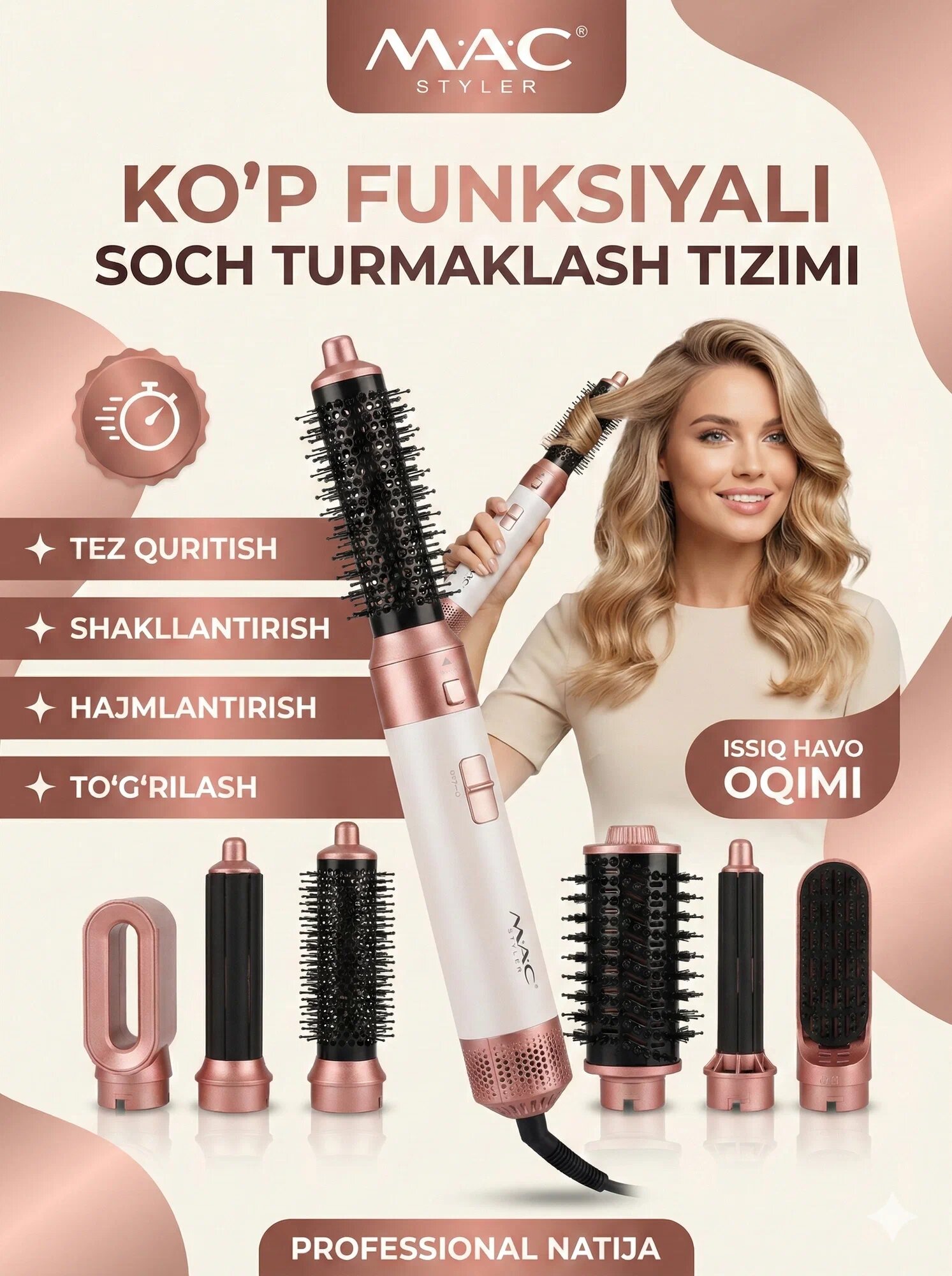 Мультистайлер MAC styler MC-6766 Airwrap 6 в 1 , воздушная укладка и сушка, автоматическая плойка Фуксия Pink