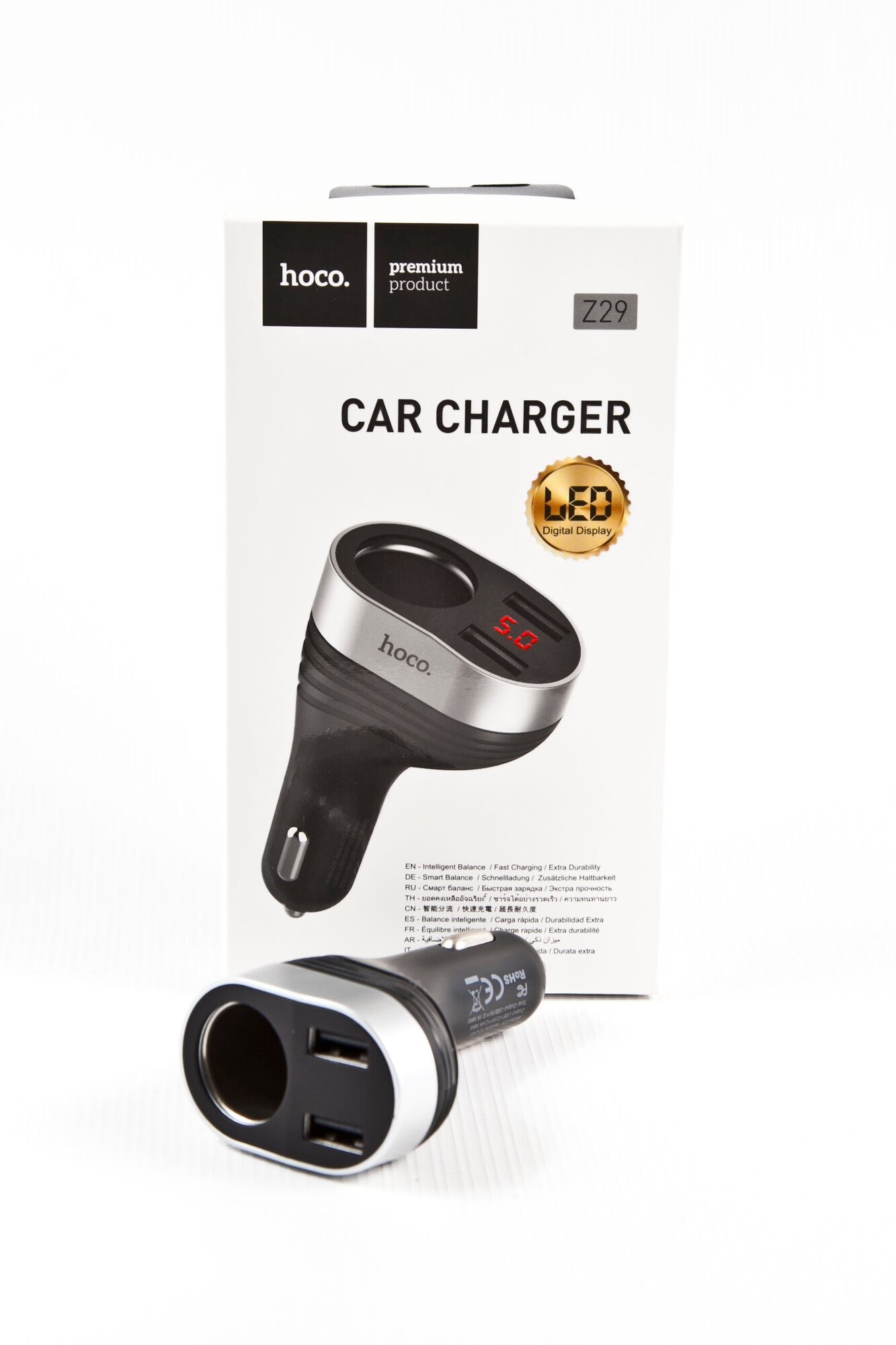 Автомобильное зарядное устройство-разветвитель Hoco Z29, 2USB, с дисплеем, черный (92186) - фото №12
