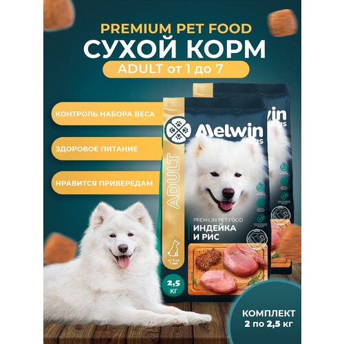 Корм сухой MELWIN для взрослых собак всех пород Премиум Индейка и рис , (2 х 2,5кг)