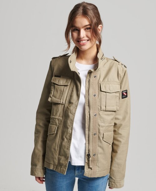 Куртка  Superdry VINTAGE M65 JACKET, демисезон/лето, средней длины, силуэт прямой, карманы, пояс на резинке, размер 8, бежевый