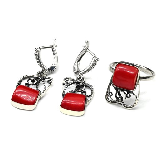 Комплект бижутерии Радуга Камня: кольцо, серьги, коралл, размер кольца 18, красный
