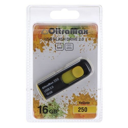 Флешка OltraMax 250, 16 Гб, USB2.0, чт до 15 Мб/с, зап до 8 Мб/с, жёлтая