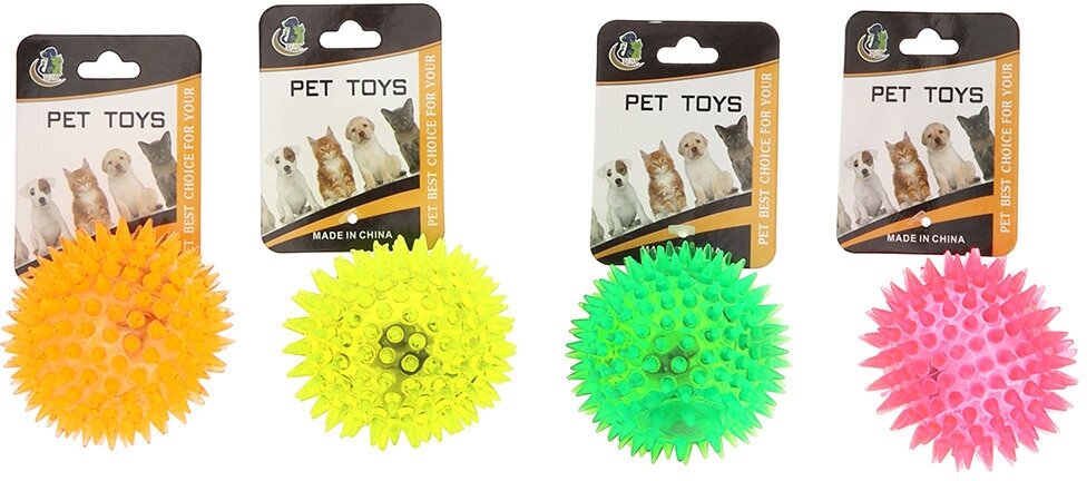 "Пэт тойс (Pet toys)" Игрушка для собаки "Мяч с шипами" д7,5см h7,5см, ПВХ, с пищалкой светящаяся на картоне, прозрачная, цвета в ассортименте - фотография № 4