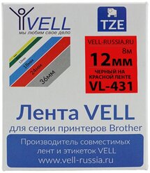 Лента Vell VL-431 (Brother TZE-431, 12 мм, черный на красном) для PT 1010/1280/D200/H105/E100/ D600/E300/2700/ P700/E550/9700 {Vell431}