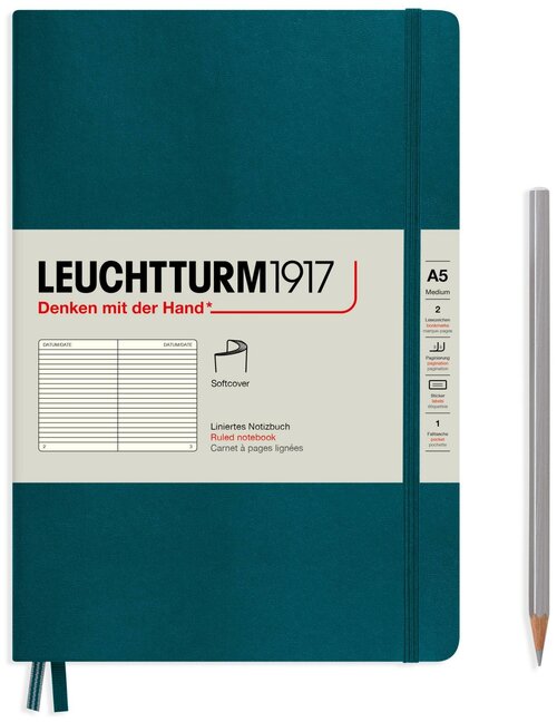Записная книжка в линейку Leuchtturm А5 123 стр, мягкая обложка тихоокеанский зеленый